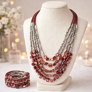 Red Shell Seed Bead Jewelry Set – Multi-Strand Necklace, Wrap Bracelet, Earrings